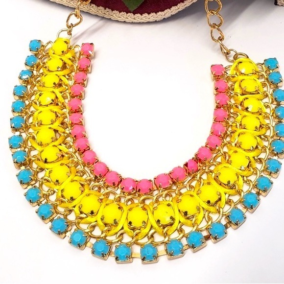 Pink, Yellow & Blue Neon Colored Statement Necklace - Picture 1 of 5